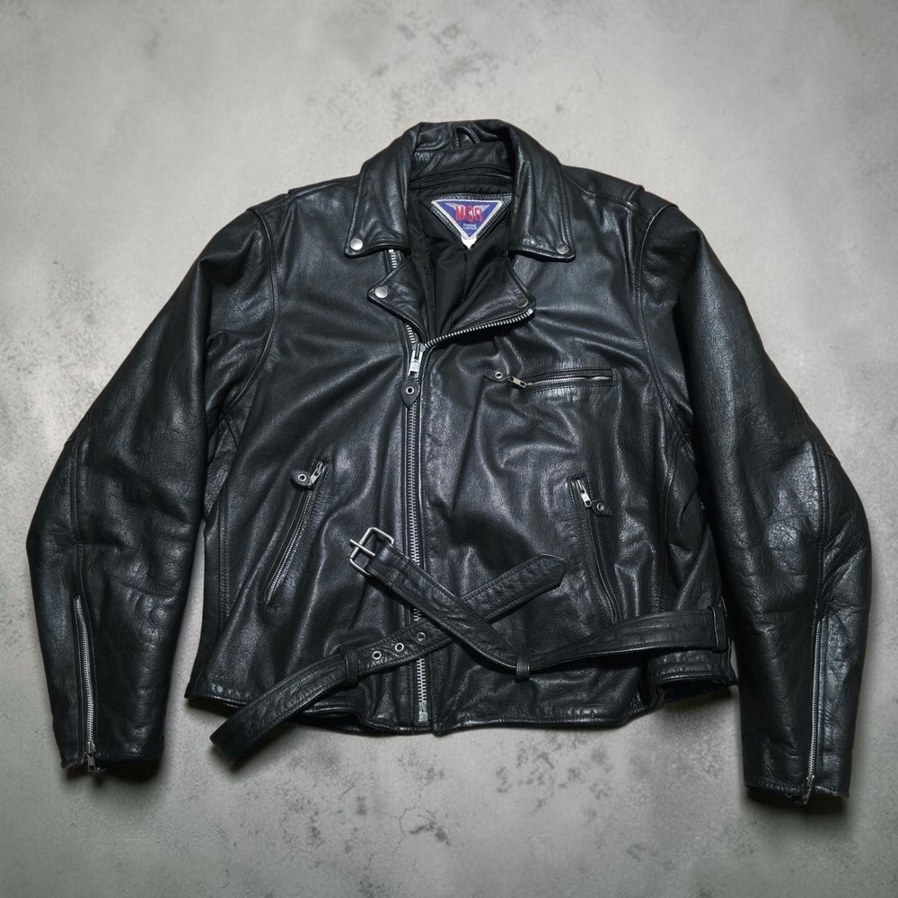 Vintage MOB Black Leather Motorcycle Jacket Mens 52 Biker Moto Riding Heavy Belt